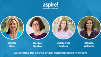 Images of Aspire's four board members who are stepping down. The images are four women in circular frames and the text at the bottom reads "Celebrating the service of our outgoing board members"