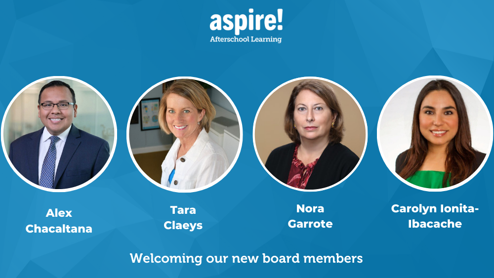 Images of Aspire's four board members who are stepping down. The images are three women and one man in circular frames. Underneath each frame is their name: "Alex Chacaltana", "Tara Claeys", "Nora Garrote", and "Carolyn Ionita-Ibacache". The text at the bottom of the image reads "Celebrating the service of our incoming board members"