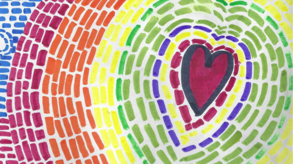 A drawing of a heart made of rainbow colored small dashes