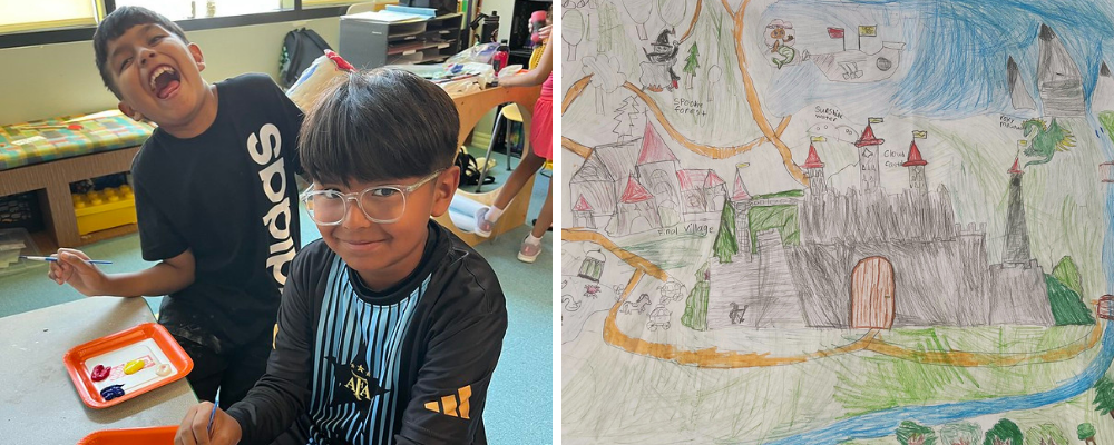 Students smiling at camera and student art