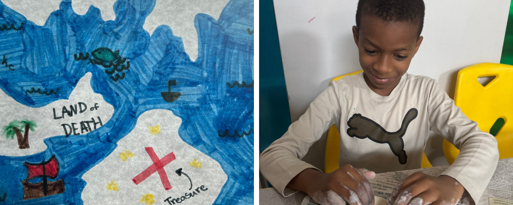 Student working with clay and a student made treasure map