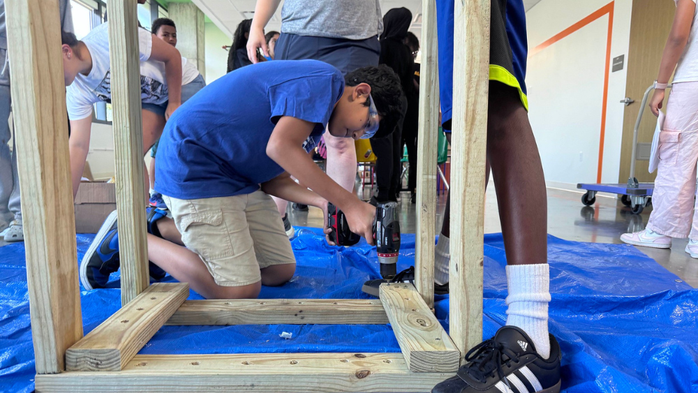 Students working on a construction project