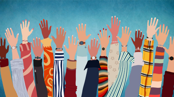 A graphic of raised hands