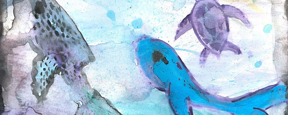 Artwork of dolphins and turtles in the ocean