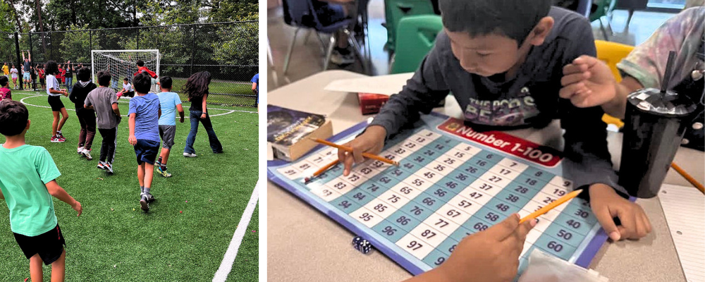 Two photos: a student soccer game, and students playing a dice game