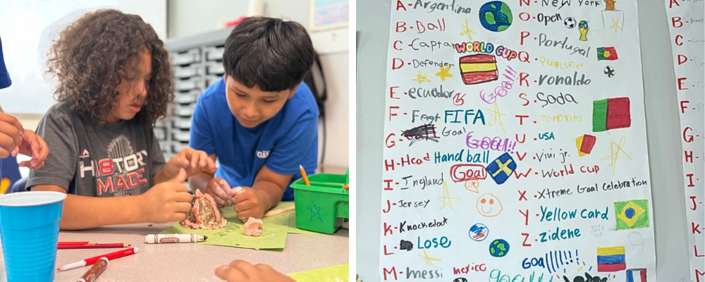 Two photos from camp: students building a clay canyon and a poster of the World Cup alphabet